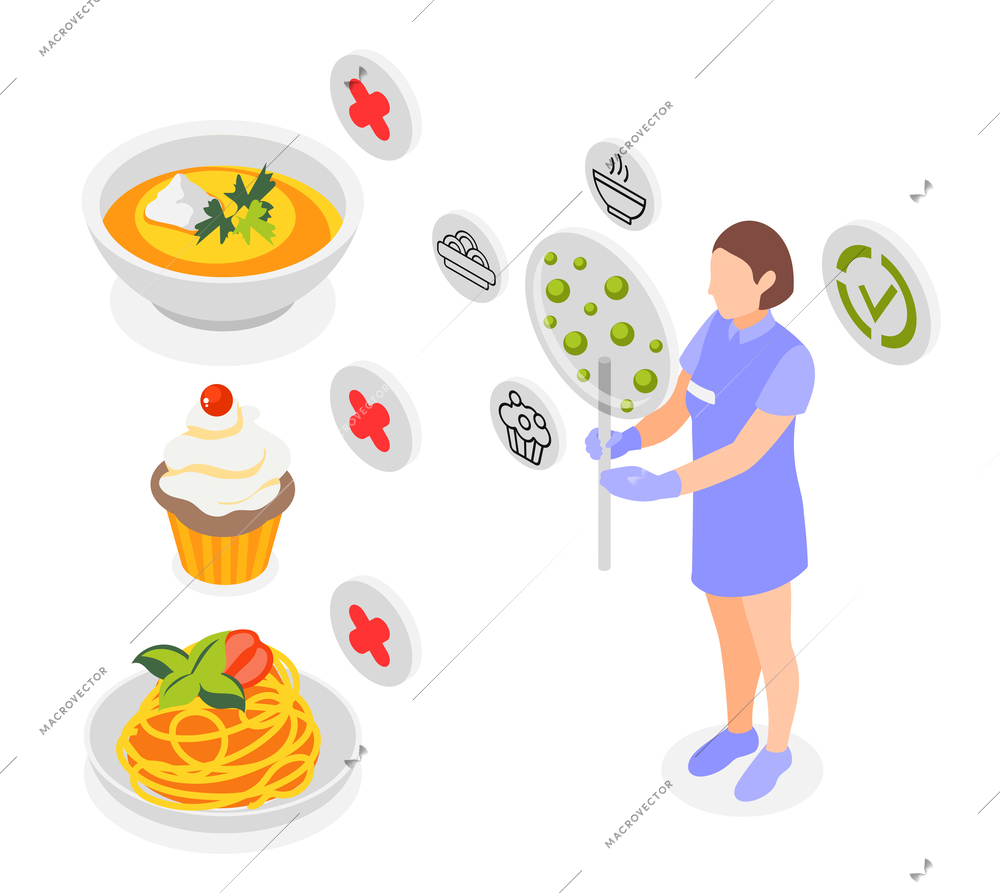 Futuristic food isometric composition with scientist representing innovative food production instead of usual unhealthy food vector illustration