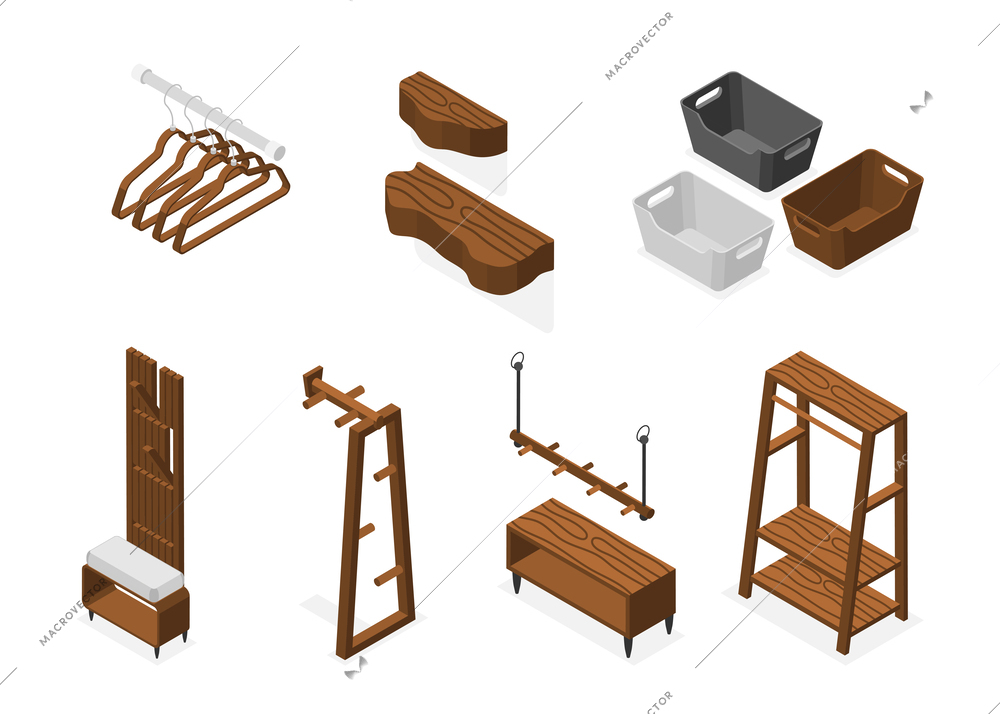 Store room isometric composition with isolated icons of hangers and clothes shop furniture on blank background vector illustration