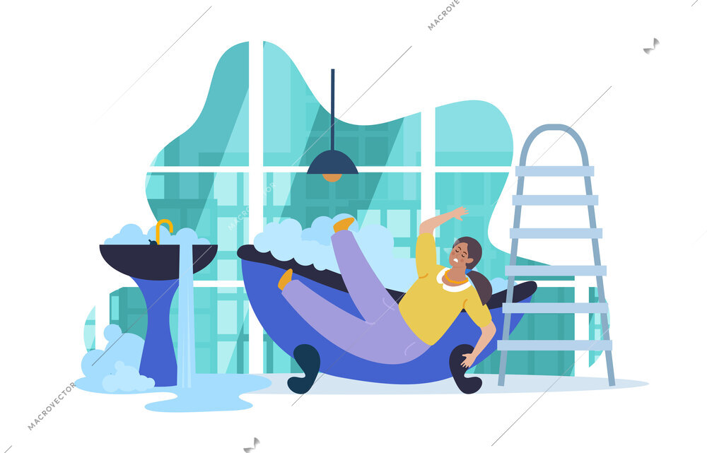 Home safety flat composition with woman fell down in bathroom vector illustration