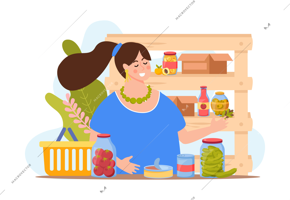 Canned food flat composition with woman in grocery store vector illustration