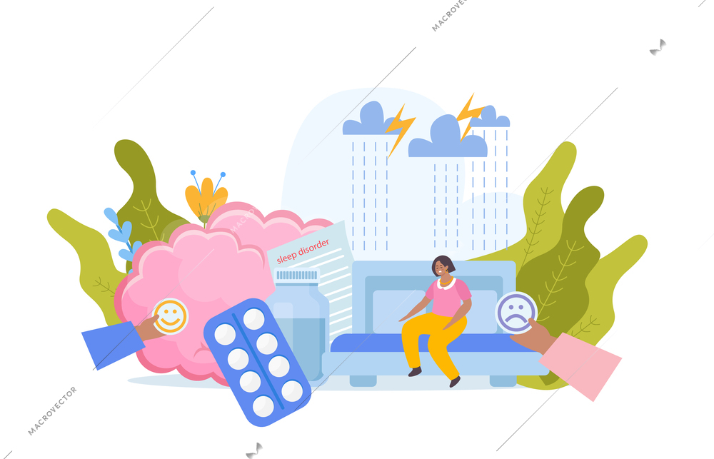 Sleep disorder flat composition with person suffering from depression vectro illustration