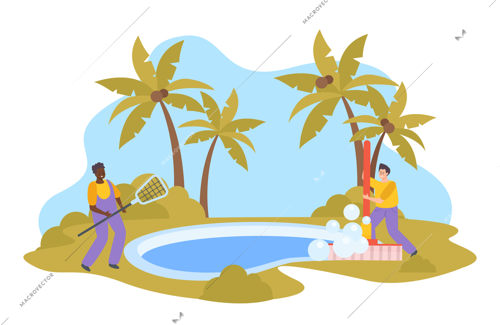 Outdoor swimming pool flat composition with cleaning staff doing cleaning vector illustration