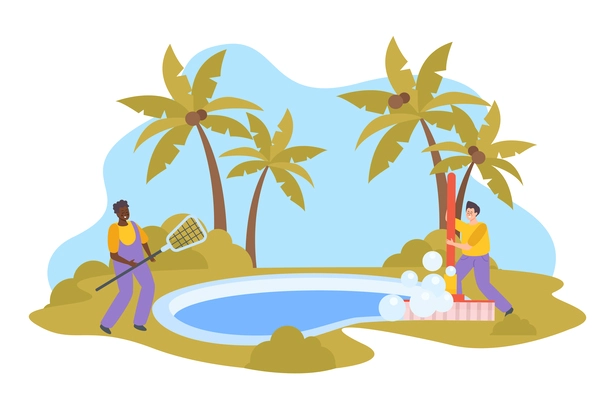 Outdoor swimming pool flat composition with cleaning staff doing cleaning vector illustration