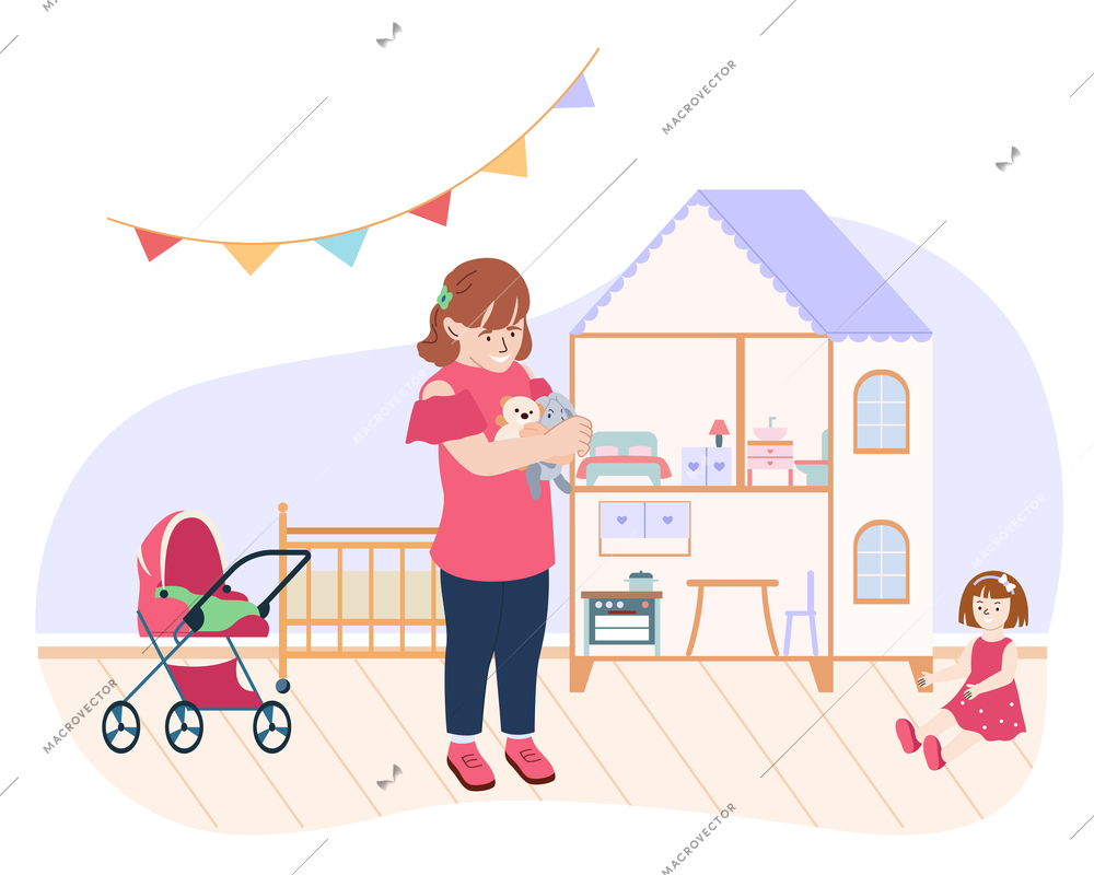 Baby and kids room composition with toys symbols flat vector illustration