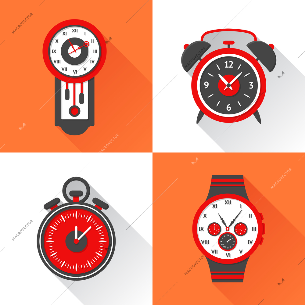 Clock flat icons set with cuckoo alarm clock stopwatch and wristlet watch isolated vector illustration