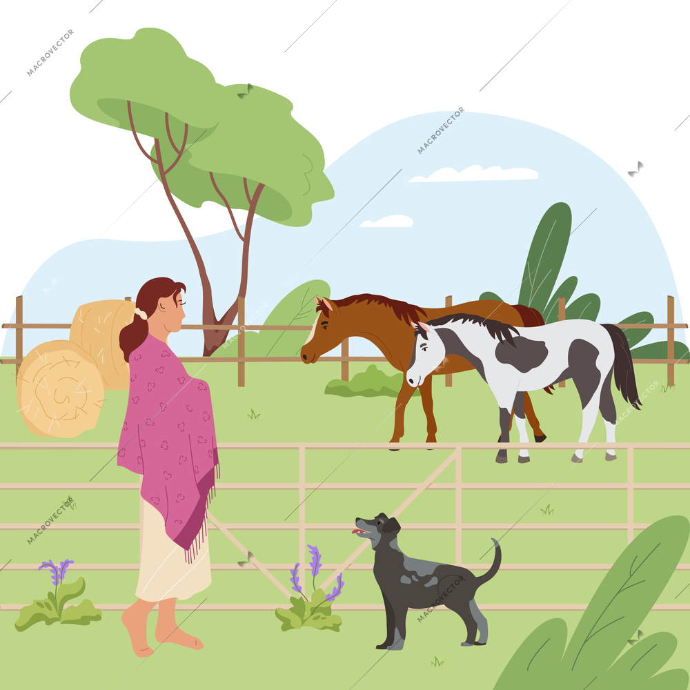 Countryside and village background with farm and cattle symbols flat vector illustration