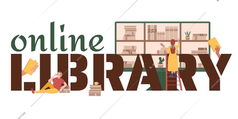 Online library composition with flat text and doodle human characters with book stacks and computer bookshelves vector illustration