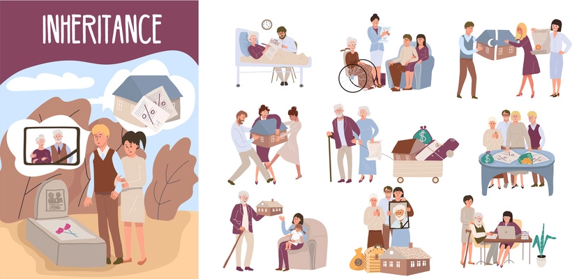 Flat composition set with people coming into inheritance and elderly people writing will isolated vector illustration