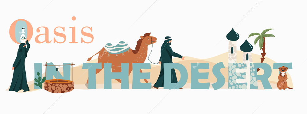 Oasis in desert flat text composition with muslim people and animals vector illustration