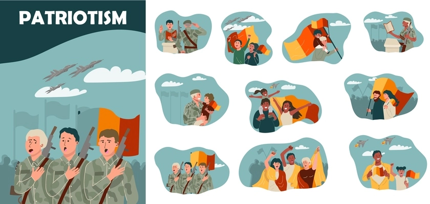 Patriots flat composition set with soldiers and civilians loving and supporting their country isolated vector illustration