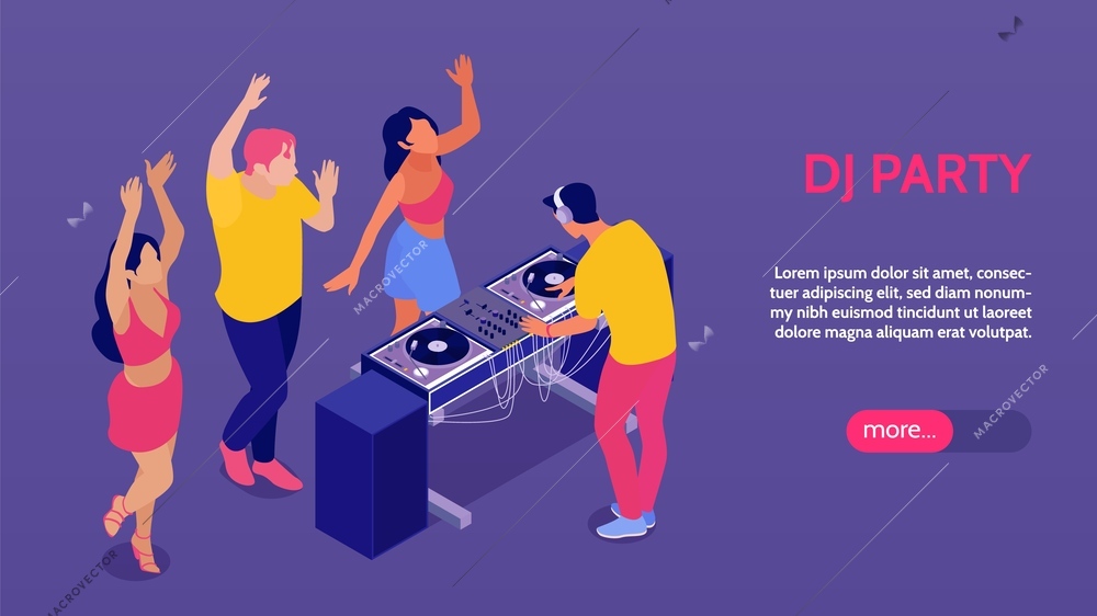 Isometric dj party horizontal banner with editable text more button and disk jockey with dancing people vector illustration