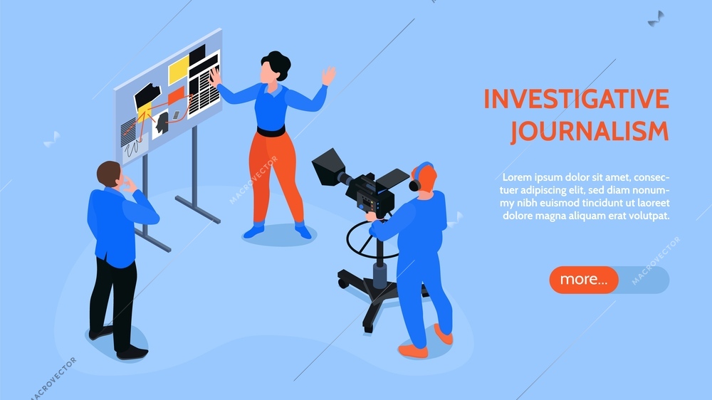 Isometric journalist horizontal banner with editable text more button and characters of camera picture crew members vector illustration