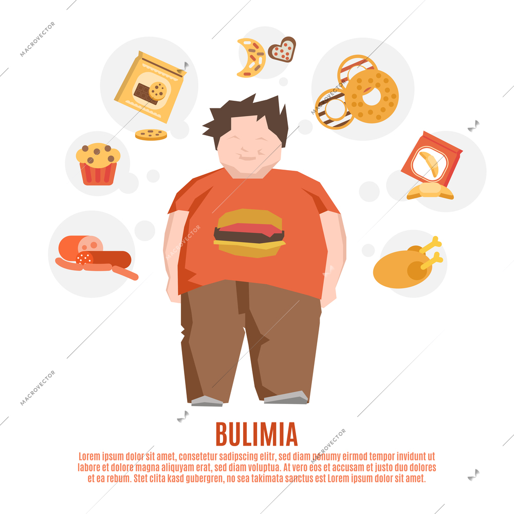 Bulimia support group concept with fat young man and unhealthy food flat vector illustration