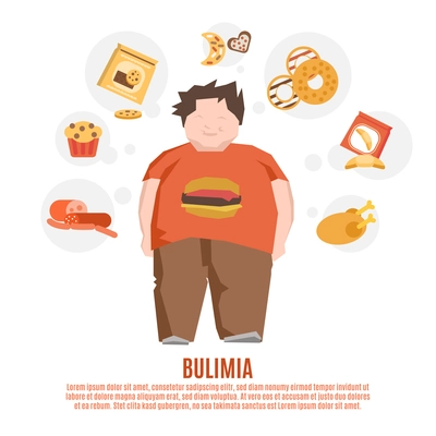Bulimia support group concept with fat young man and unhealthy food flat vector illustration