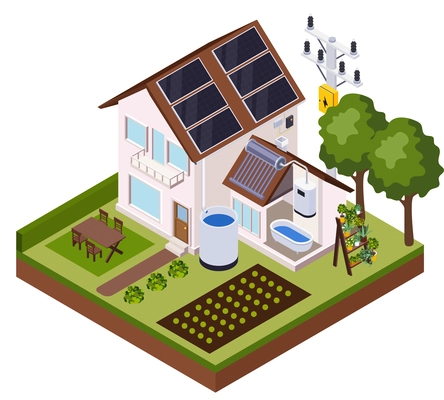 Smart efficient heating and cooling climate systems isometric composition with isolated outdoor view of modern neighborhood vector illustration