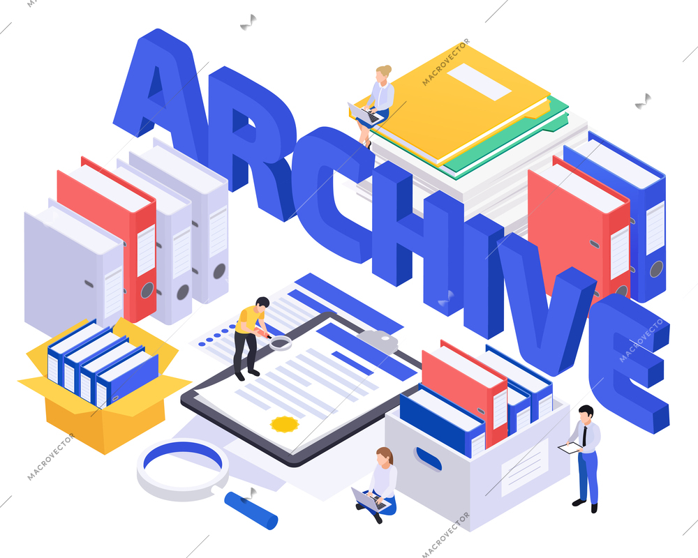 Archive documents processing isometric composition with text hand glass and paper folder icons with human characters vector illustration