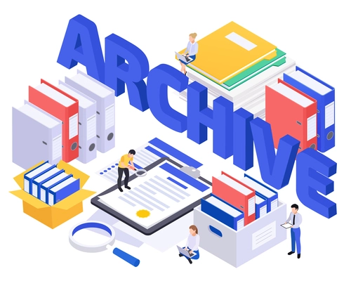 Archive documents processing isometric composition with text hand glass and paper folder icons with human characters vector illustration