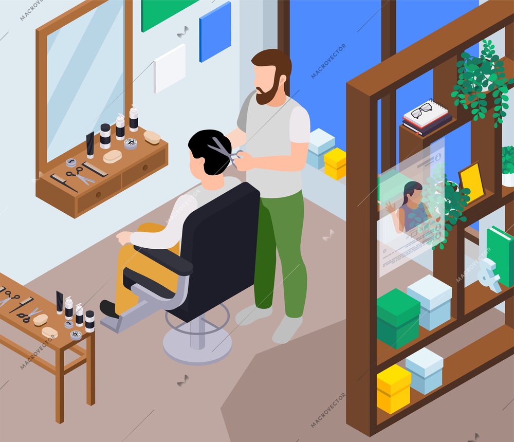 Barbershop hair salon isometric composition with faceless human characters of barber and client sitting in chair vector illustration