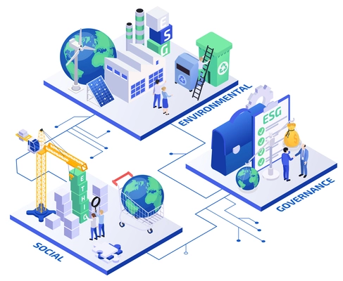 Esg environmental social governance principles isometric composition with human characters and 3d elements vector illustration