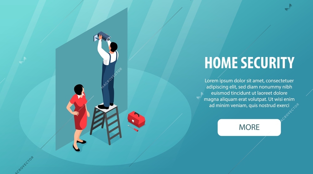 Isometric home security horizontal banner with housemaid and worker installing cctv camera text and more button vector illustration