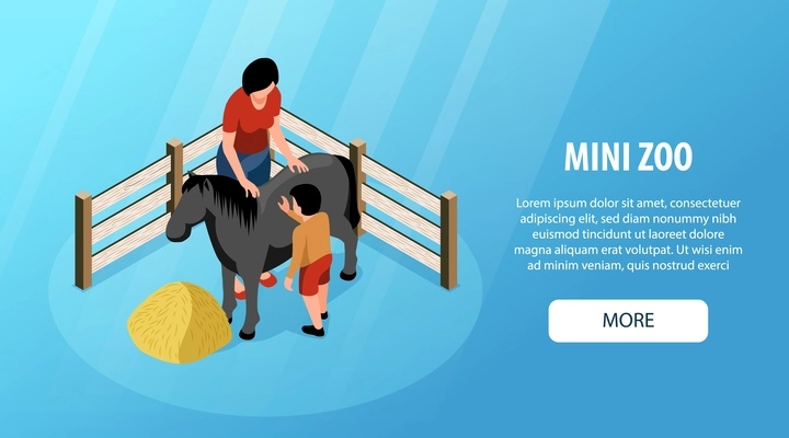 Isometric mini zoo children banner with more button editable text and woman with kid stroking horse vector illustration