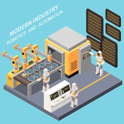 Modern industry composition with robots working on production plant isometric vector illustration
