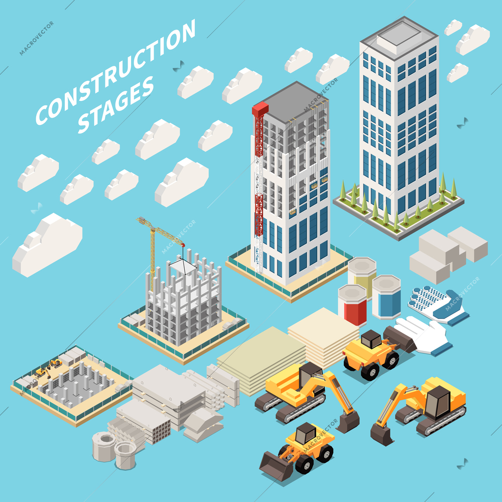 Skyscraper construction stages isometric composition with machinery building materials and finished house vector illustration