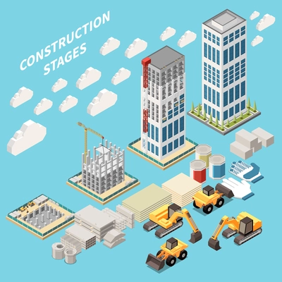 Skyscraper construction stages isometric composition with machinery building materials and finished house vector illustration