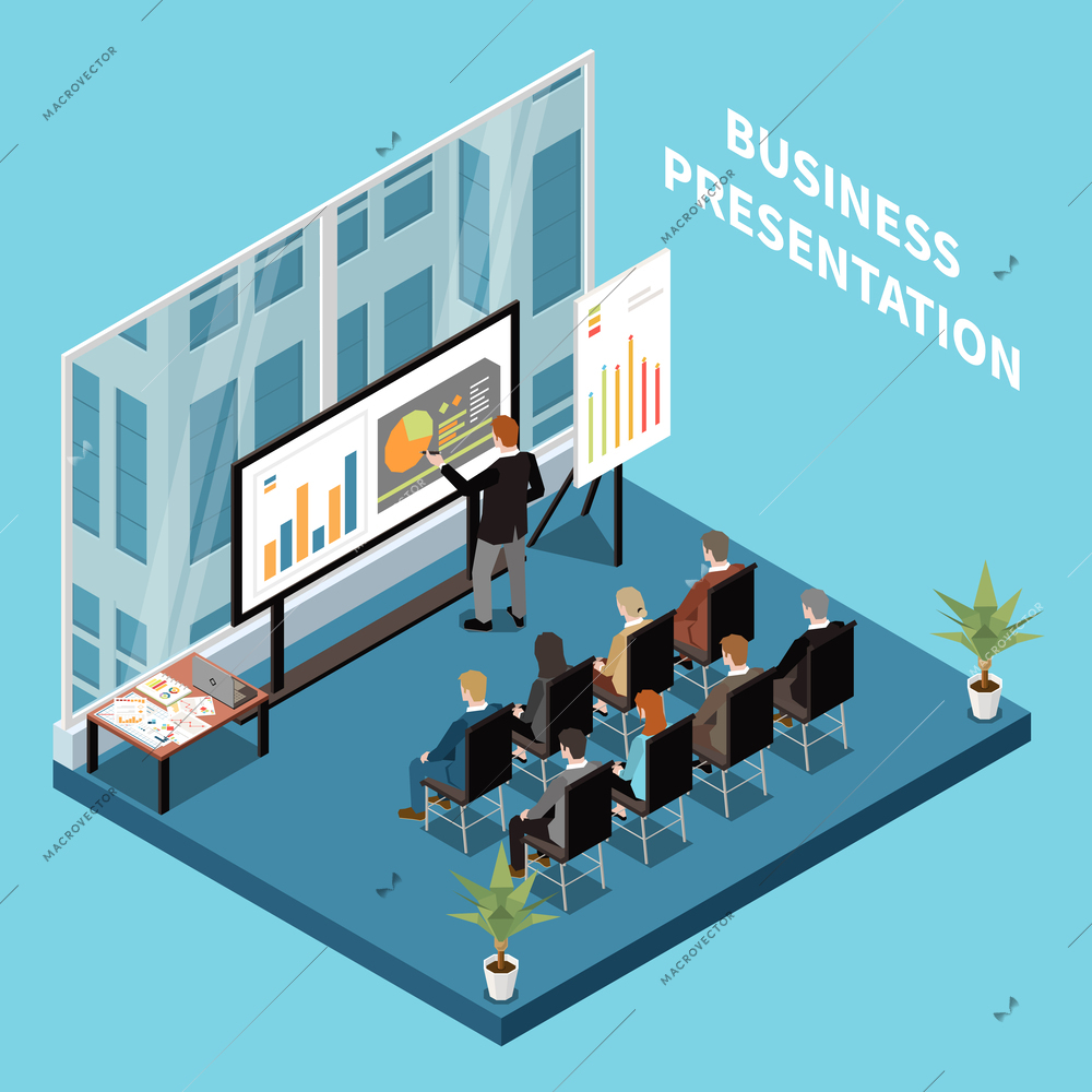 Business people watching presentation with diagrams and charts in meeting room isometric composition 3d vector illustration