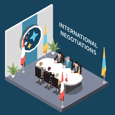 Politicians sitting at table during international negotiations isometric 3d vector illustration