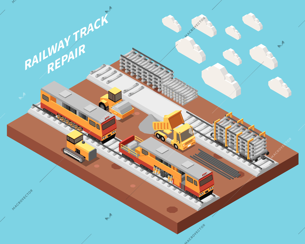 Railway track repair and building process isometric composition on blue background vector illustration