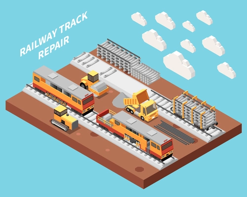 Railway track repair and building process isometric composition on blue background vector illustration