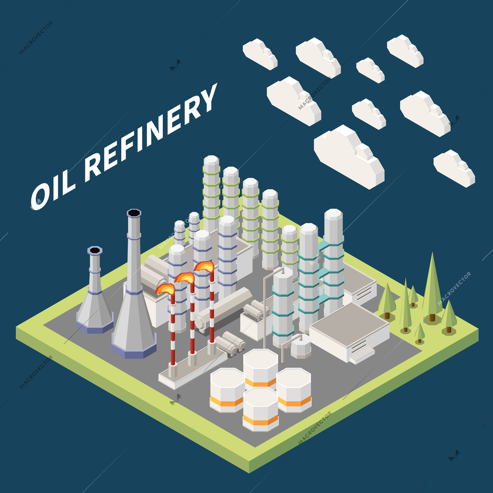 Oil refinery diesel fuel bitumen production plant building 3d isometric vector illustration