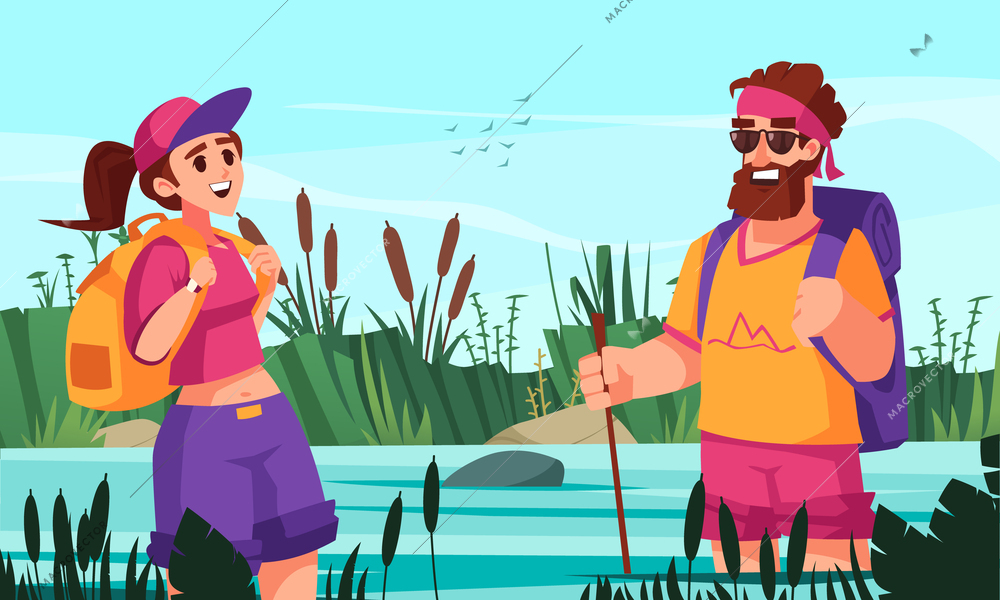 Happy couple with backpacks on hiking trip standing in lake with water up to their knees flat vector illustration