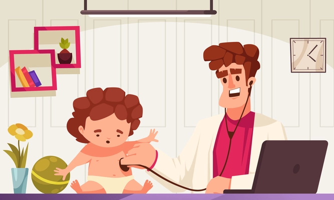 Pediatrician cartoon vector illustration with doctor examining little patient and listening to him with stethoscope