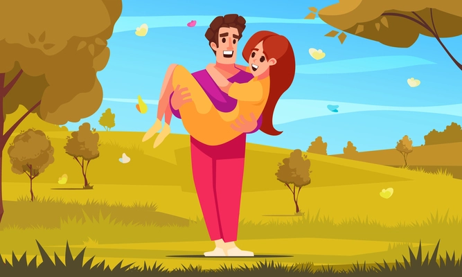 Be my valentine cartoon composition with young man carrying his beloved in his arms vector illustration