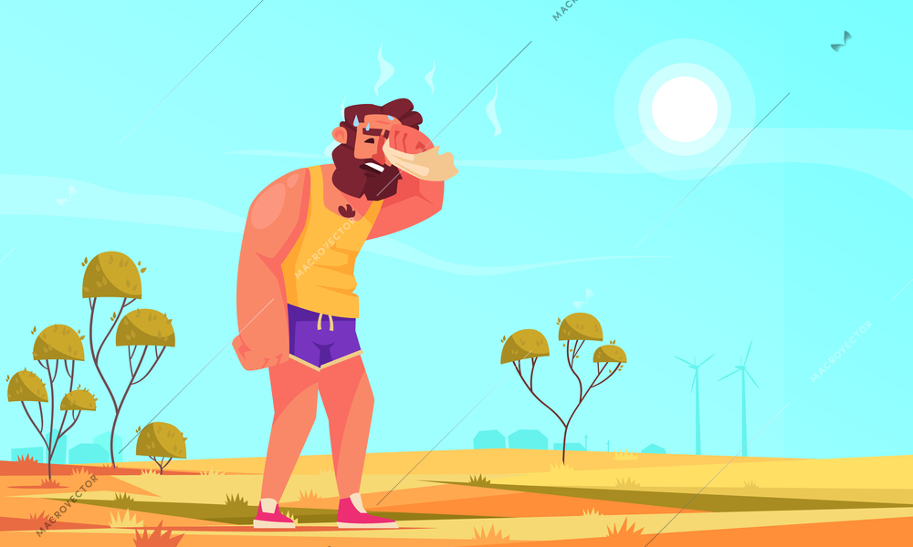 Heat stroke symptoms flat background with man suffering from hot weather in summer day cartoon vector illustration