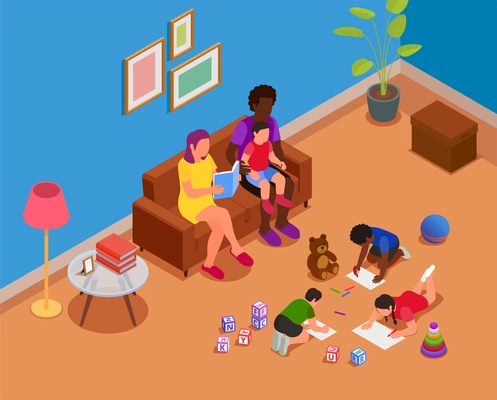 Children reading learning drawing isometric composition family in one room woman reads to the children and they listen and draw vector illustration