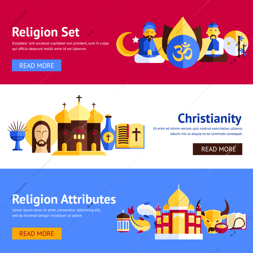 Religion horizontal banner set with christianity and other religious attributes isolated vector illustration