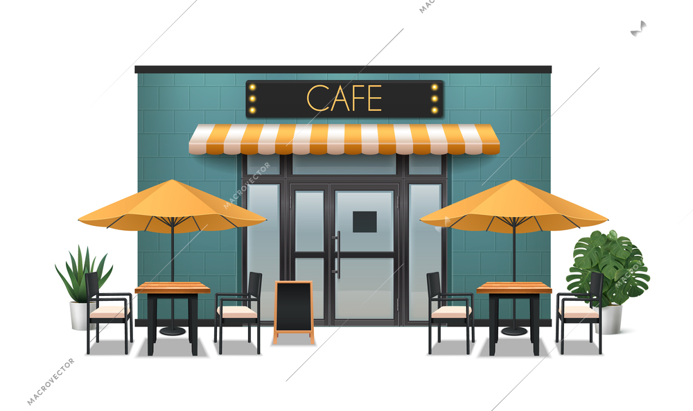 Cafe realistic composition with outdoor restaurant furniture vector illustration