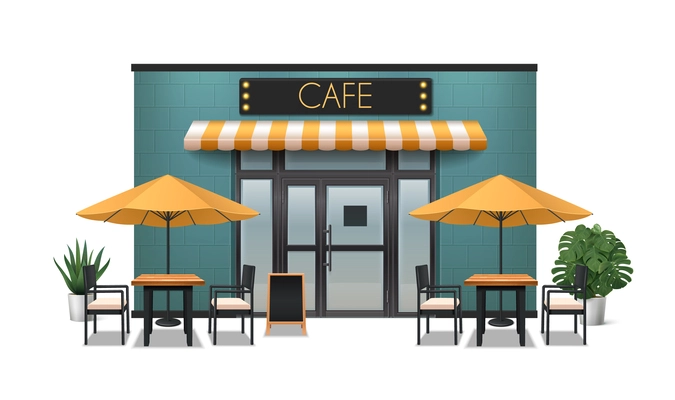 Cafe realistic composition with outdoor restaurant furniture vector illustration