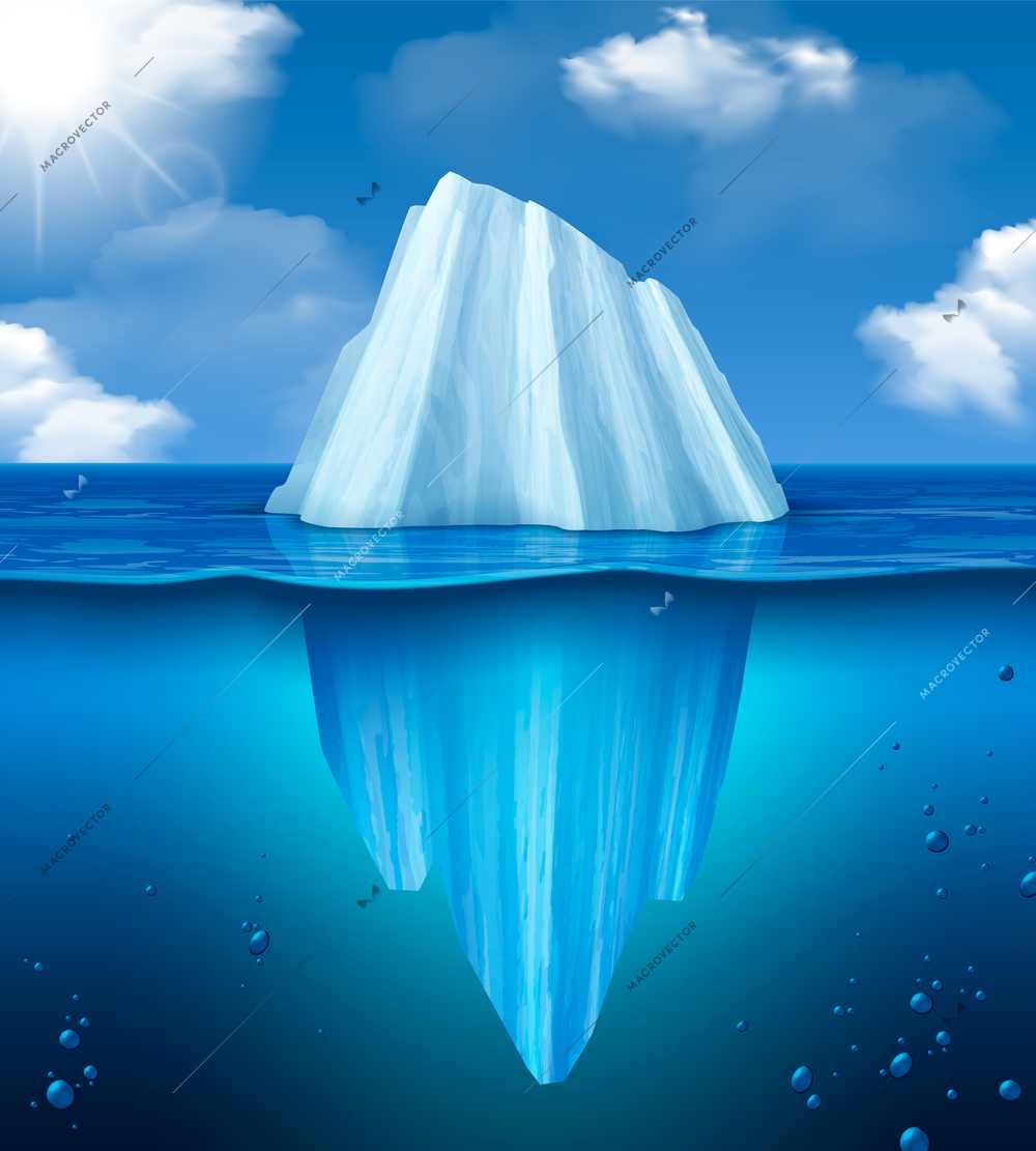 Iceberg realistic composition with glacier under and above water vector illustration