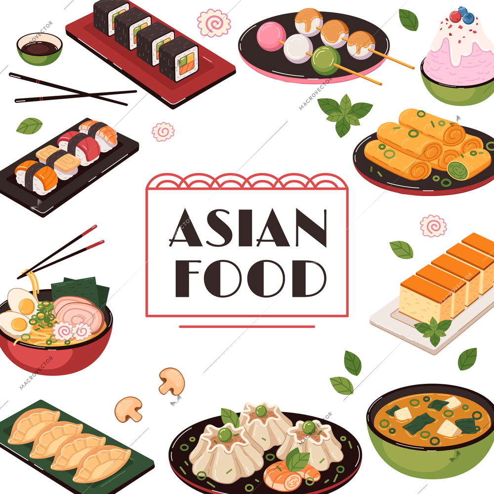 Asian food flat set with chinese cuisine meals vector illustration