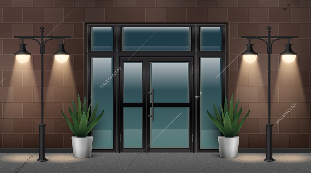 Street lamp realistic concept with building entrance with glass door vector illustration