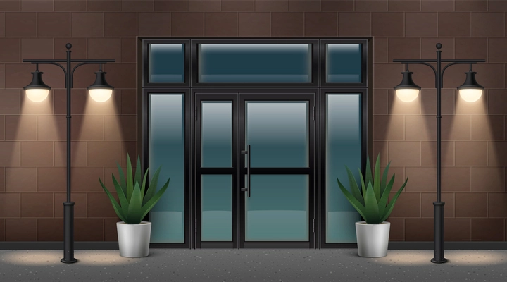 Street lamp realistic concept with building entrance with glass door vector illustration