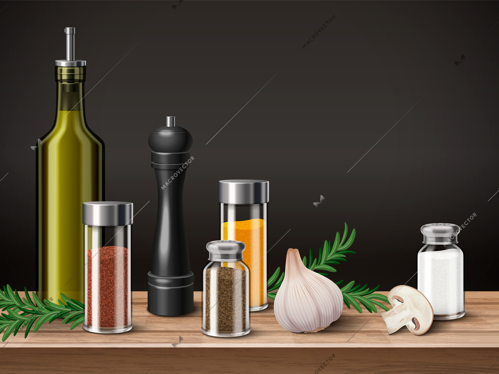 Kitchen spices realistic concept with salt and pepper in dispensers vector illustration