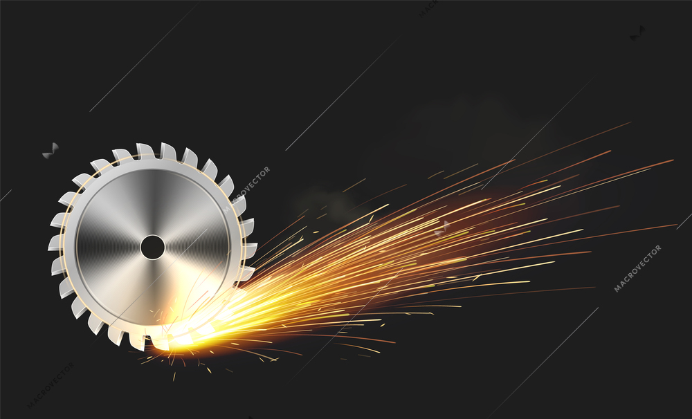 Metal welding sparks realistic composition with buzz saw disc vector illustration