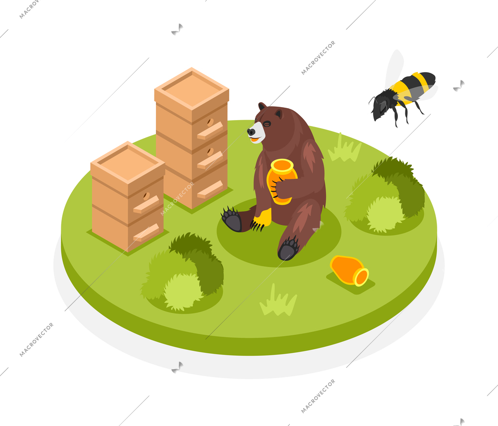 Fairy tale creatures isometric composition bear feasting on honey in apiary 3d vector illustration