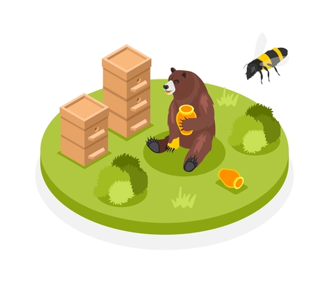 Fairy tale creatures isometric composition bear feasting on honey in apiary 3d vector illustration