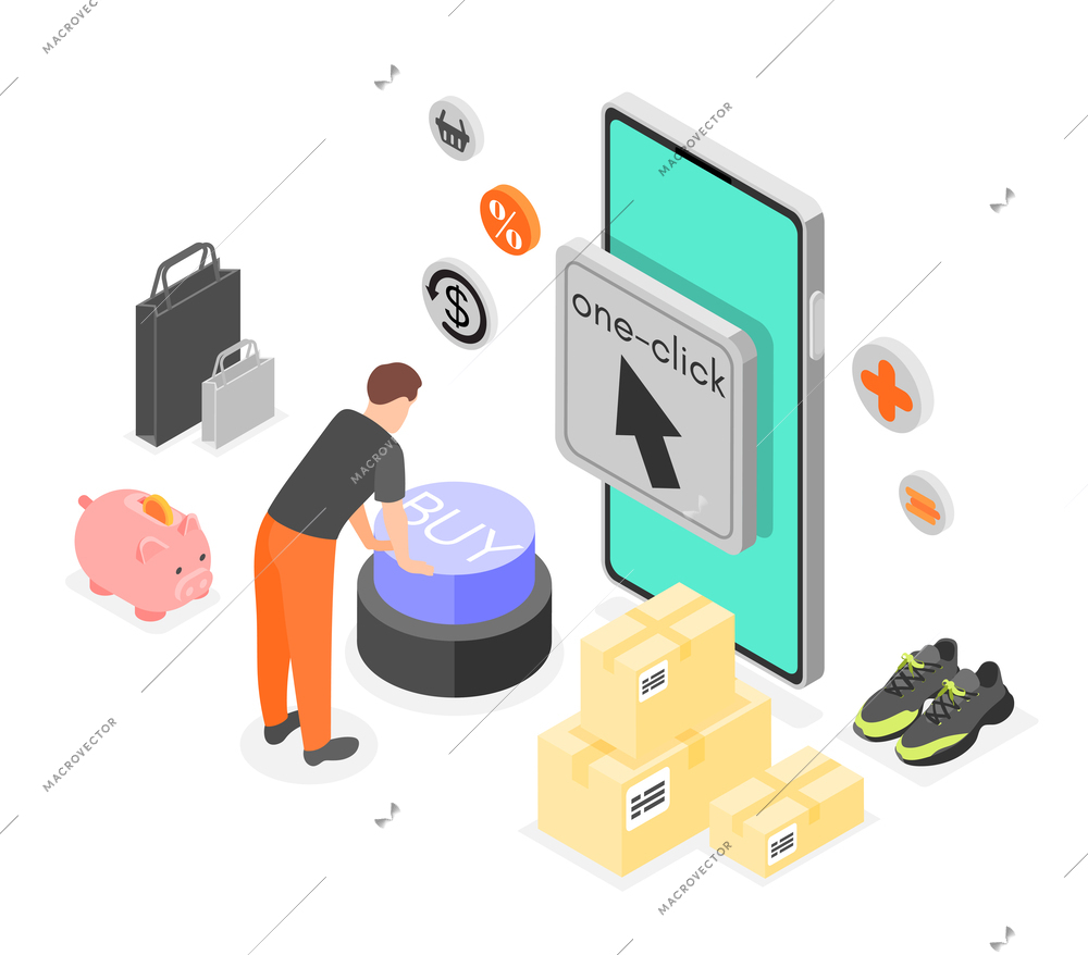 Online shopping in one click isometric concept with man making purchases by clicking buy button vector illustration